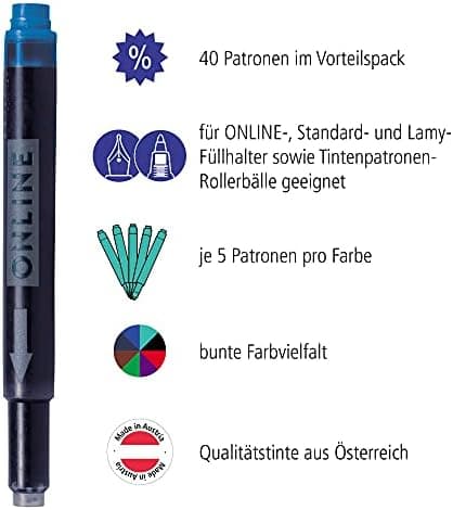 ONLINE Kompatible LAMY Tintenpatronen blau, Universal Patrice, löschbar, für Füllhalter & Tintenroller - Vorteilspack Ko