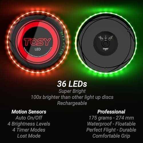 TOSY Flying Disc - 108 RGB-LEDs oder 36 einfarbig, hell, Smart-Modi, Outdoor-Spielzeug für Kinder & Erwachsene, Auto-Auf