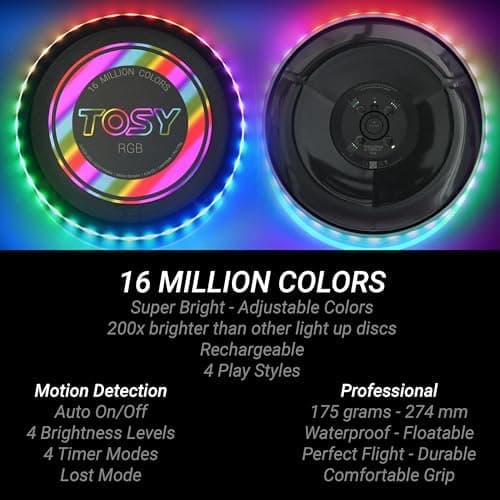 TOSY Flying Disc - 108 RGB-LEDs oder 36 einfarbig, hell, Smart-Modi, Outdoor-Spielzeug für Kinder & Erwachsene, Auto-Auf