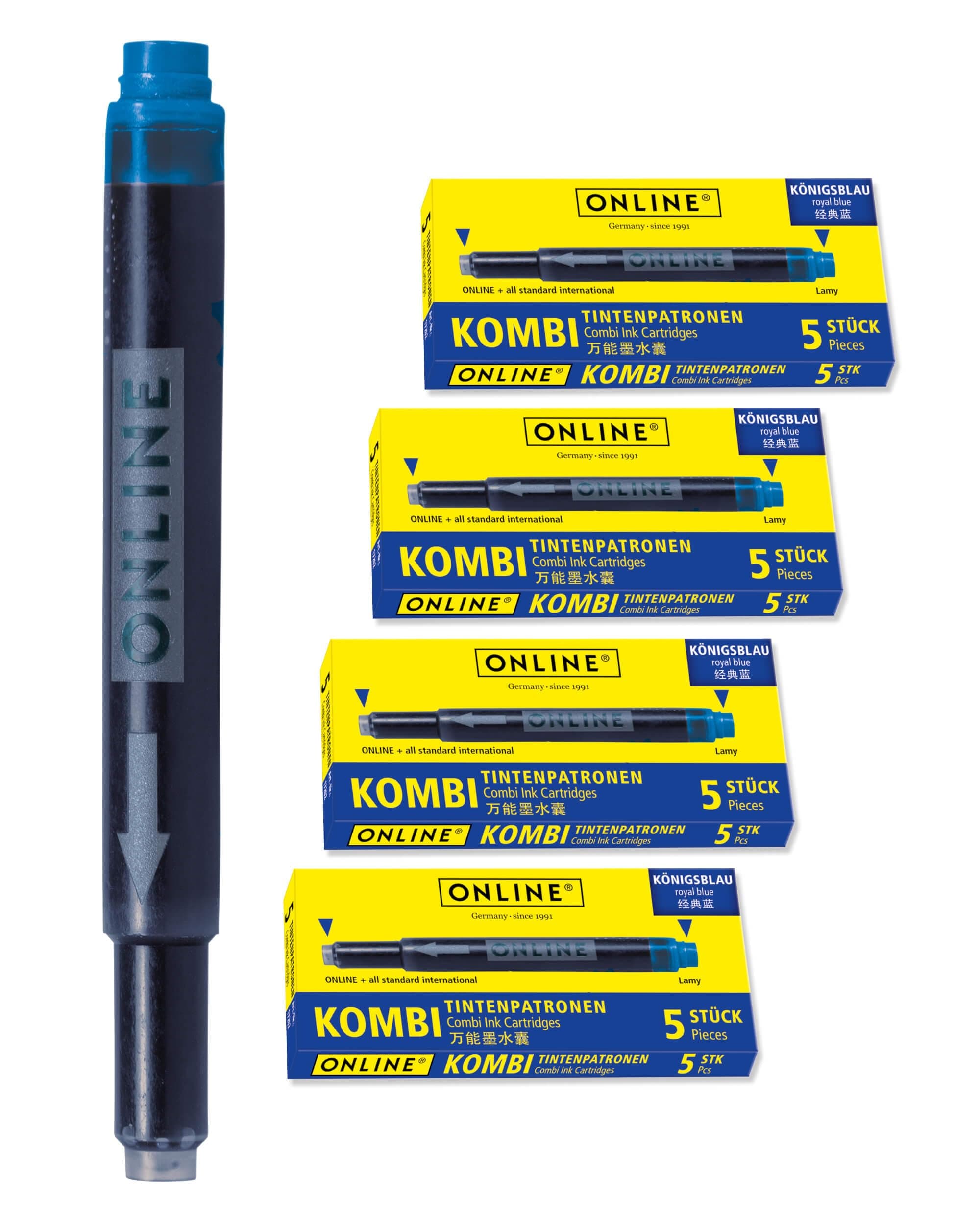 ONLINE Kompatible LAMY Tintenpatronen blau, Universal Patrice, löschbar, für Füllhalter & Tintenroller - Vorteilspack Ko