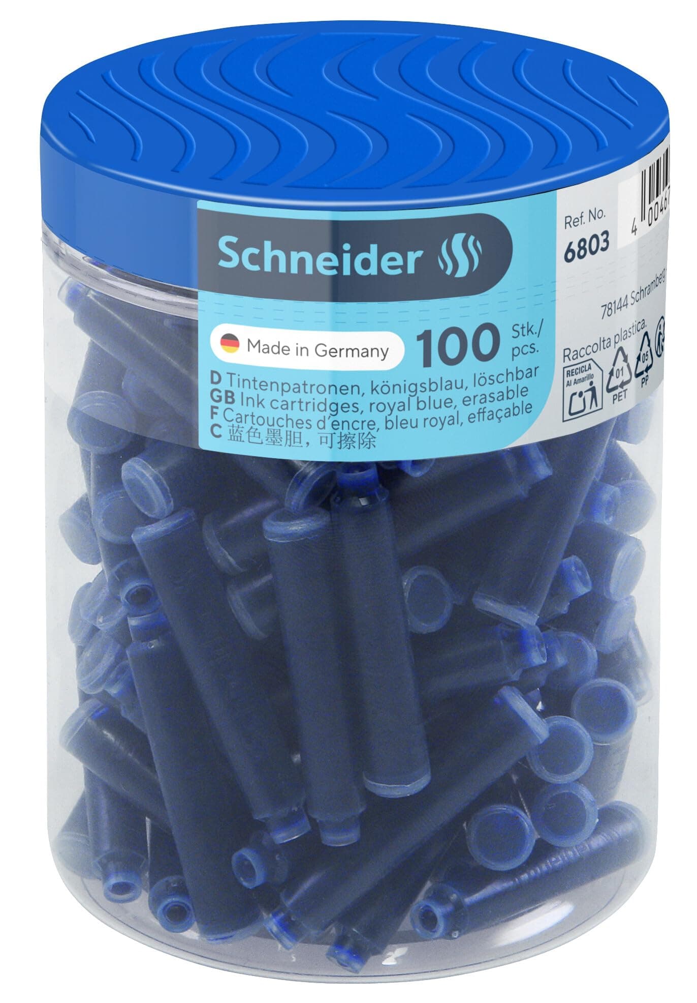 Schneider 6803 Tintenpatronen, königsblau, Standardpatronen für Füller, löschbar, 100 Stück