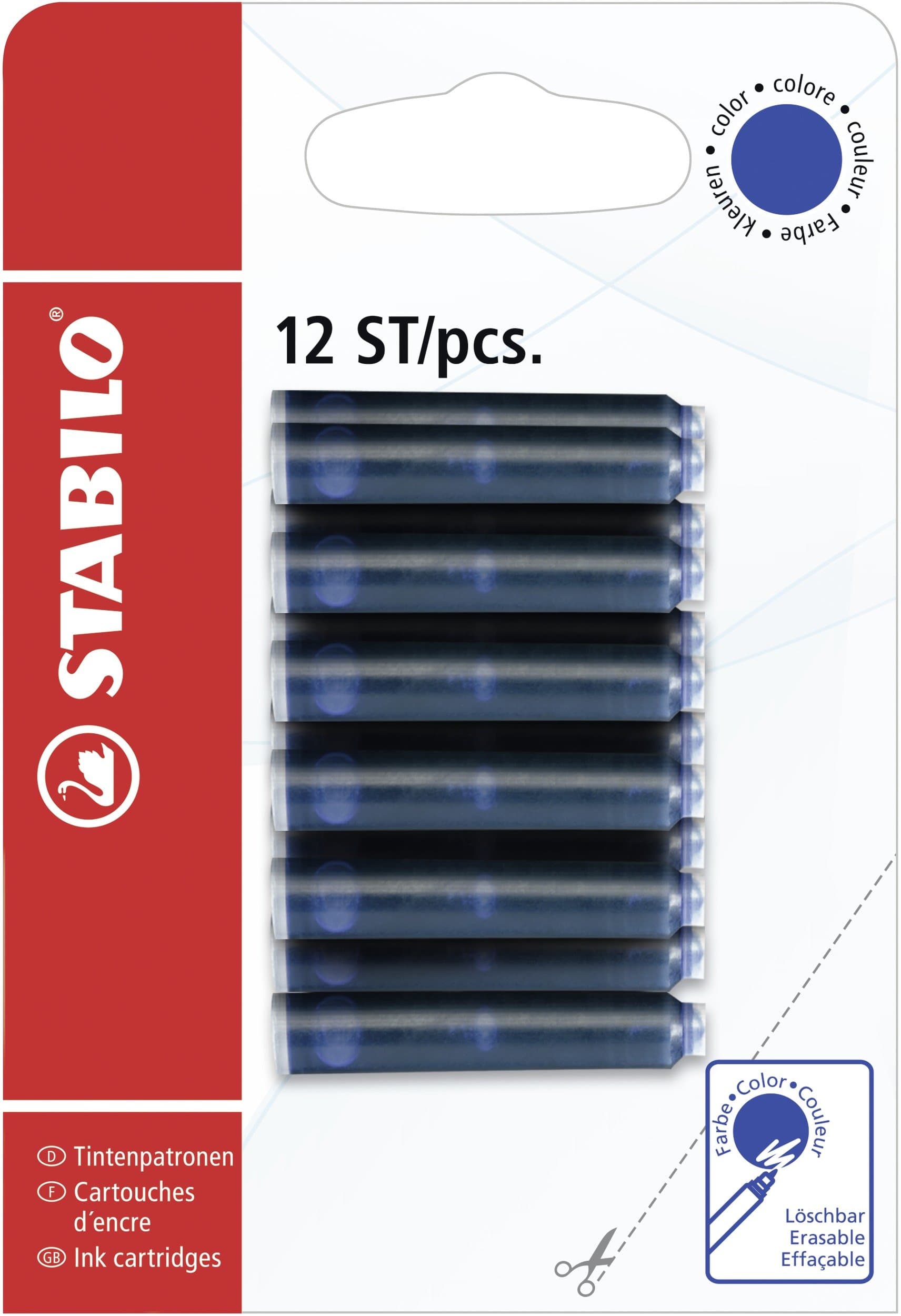 STABILO Tintenpatronen zum Nachfüllen - Blau (Löscher) - 12er Pack - Nachfüllpatronen